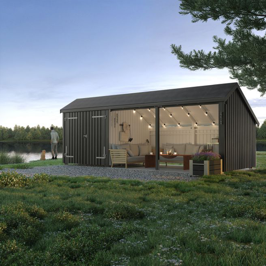 Plus Multi Havehus 15,5 m² - 3 moduler m/dobbeltdør og åben front - inkl. tagpap/alulister/H-stolpefødder - 1675906-1
