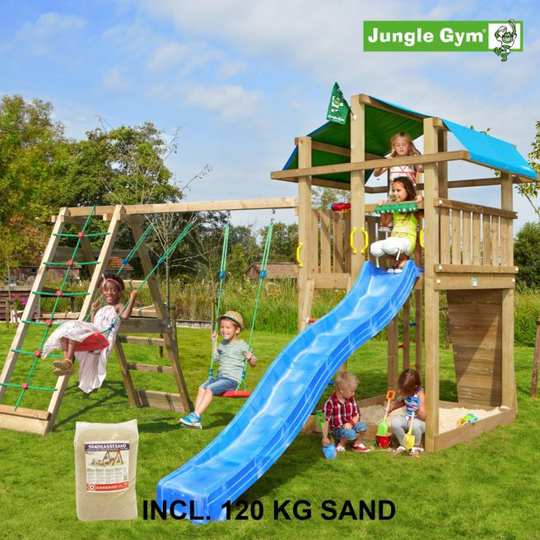 Jungle Gym Fort legetårn komplet inkl. climb module xtra, 120 kg sand og blå rutschebane - 804-275CXSB