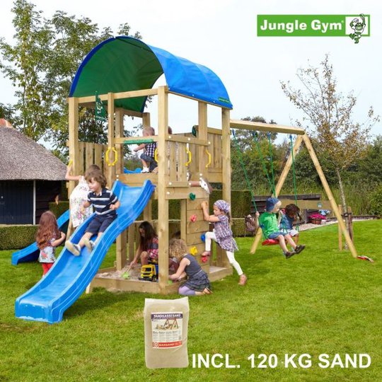 Jungle Gym Farm legetårn komplet inkl. swing module xtra, 120 kg sand og blå rutschebane - 804-272SXSB