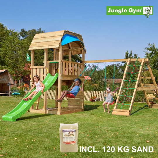 Jungle Gym Barn legetårn komplet inkl. climb module xtra, 120 kg sand og grøn rutschebane - 804-287CXSG