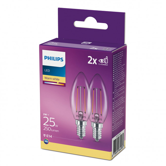 Philips LEDClassic Kerte Filament 25W E14 varm hvid klar ikke dæmpbar 2-stk - 8718699664985