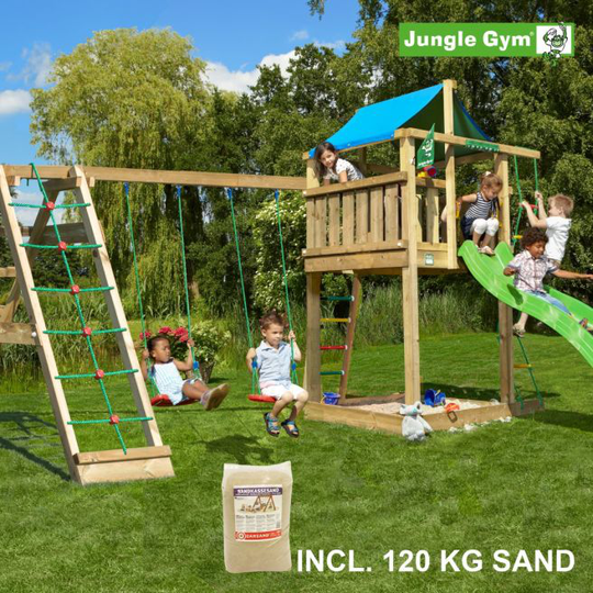 Jungle Gym Lodge legetårn komplet inkl. climb module xtra, 120 kg sand og grøn rutschebane - 804-274CXSG