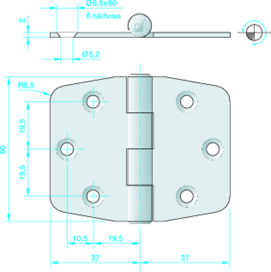 Hængsel 74x60mm revers. 440080 rfr.