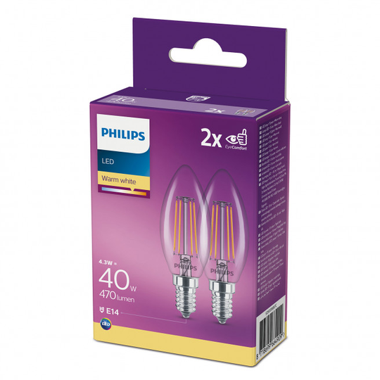 Philips LEDClassic Kerte Filament 40W E14 varm hvid klar ikke dæmpbar 2-stk - 8718699664909