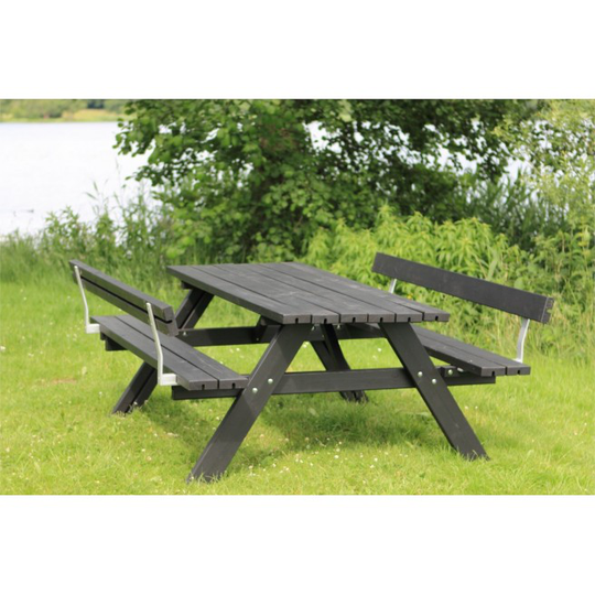 Plus Bord/bænkesæt - sort - m/2 ryglæn - 42mm - Længde 177cm