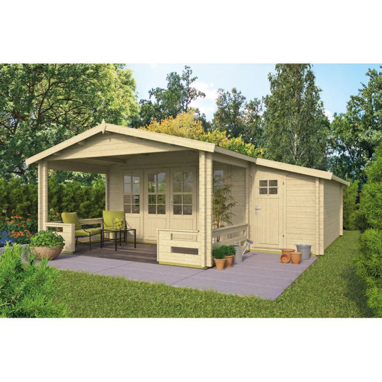 Mobile med side tilbygning Bjælkehytte - 58 mm - 407003N - 20,06 m²