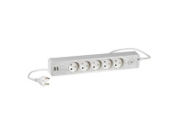 LAURITZ KNUDSEN LK stikkontaktdåse 5 udtag u. jord med afbryder og glimlampe. 1,5m ledning DK stikprop 2 USB Hvid+aluminium