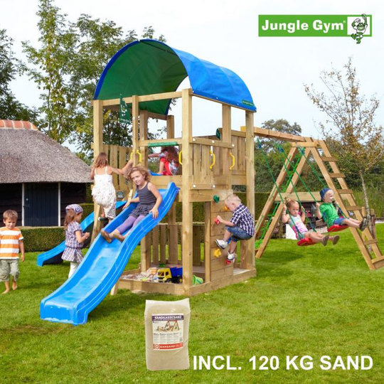 Jungle Gym Farm legetårn komplet inkl. climb module xtra, 120 kg sand og blå rutschebane - 804-272CXSB