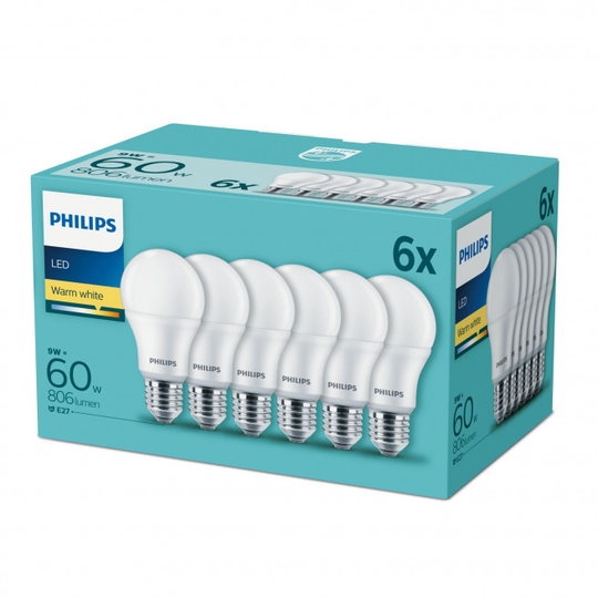 Philips LED 60W Standard E27 Varm hvid forsted 6-discount stkke - 8718696829998