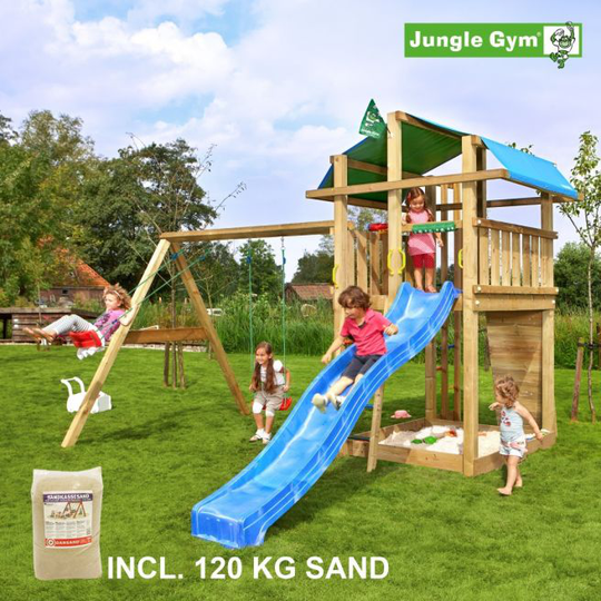 Jungle Gym Fort legetårn komplet inkl. swing module xtra, 120 kg sand og blå rutschebane - 804-275SXSB