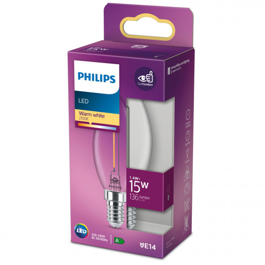 Philips LEDClassic Filament 15W Kerte E14 varm hvid klar ikke dæmpbar 1 stk - 8718699764210