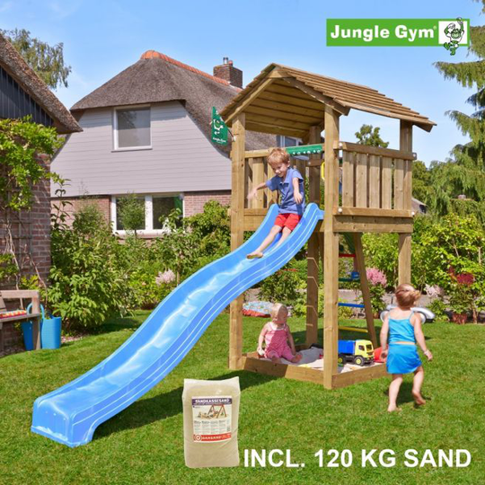 Jungle Gym Cottage legetårn komplet, inkl. 120 kg sand og blå rutschebane - 804-270SAB