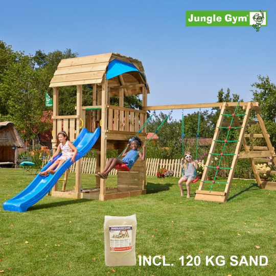 Jungle Gym Barn legetårn komplet inkl. climb module xtra, 120 kg sand og blå rutschebane - 804-287CXSB
