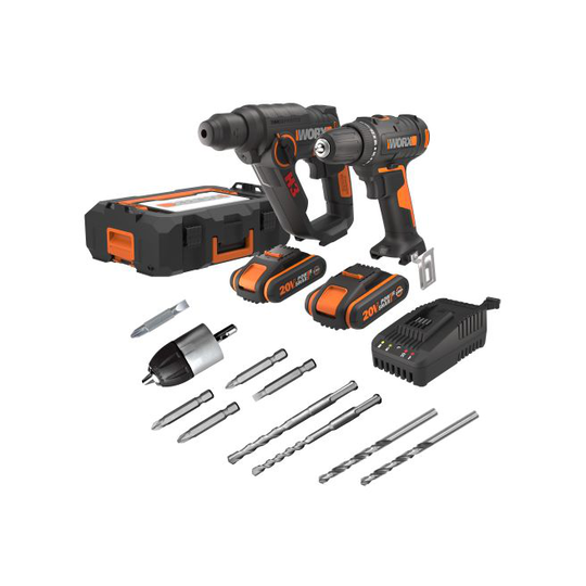 Worx 20V combo, WX100.9 + WX390.9, 2x2.0Ah, 3-5hr Oplader, tool box WA4229