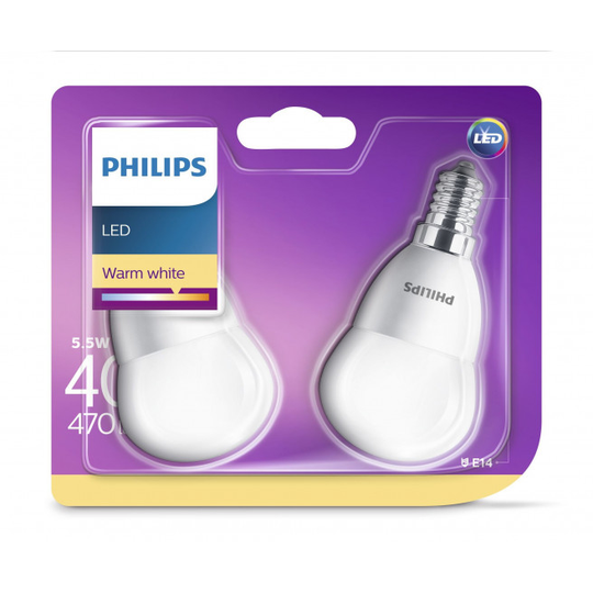 Philips LED 40W krone varm hvid E14 mat ikke dæmpbar 2 stk - 8718696586648