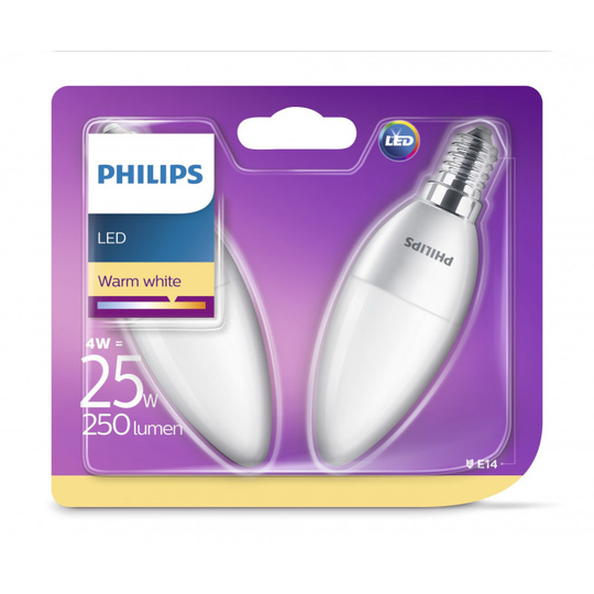 Philips LED 25W kerte varm hvid E14 mat ikke dæmpbar 2 stk - 8718696475201