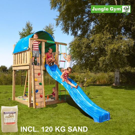 Jungle Gym Villa legetårn komplet, inkl. 120 kg sand og blå rutschebane - 804-285SAB