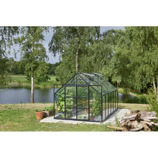Halls 9,9m² Drivhus Plus sort med 3 mm hærdet glas inkl. fundament - F09927