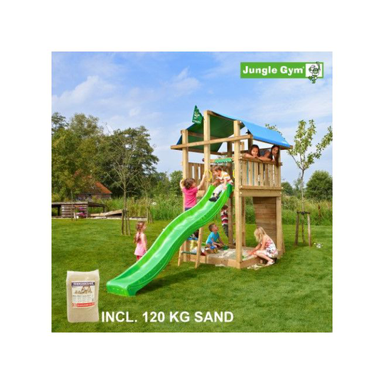 Jungle Gym Fort legetårn komplet, inkl. 120 kg sand og grøn rutschebane - 804-275SG