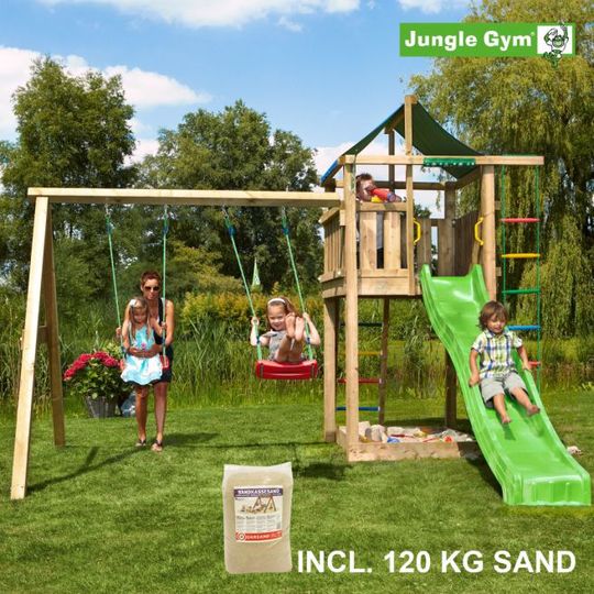 Jungle Gym Lodge legetårn komplet inkl. swing module xtra, 120 kg sand og grøn rutschebane - 804-274SXSG