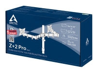 ARCTIC Z+2 Pro - Gen 3 - komponenter til montering (stang, dual-skærm monteringsarm, 8 mellemrumsstykker, pælstikforbindelse, skruer, kabelklemme, ka