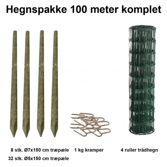 100 Meter Havehegn Inkl. 40 Stk. Træpæle Og 1 Kg Kramper - Maskestr. 5x10 Cm H:80 Cm