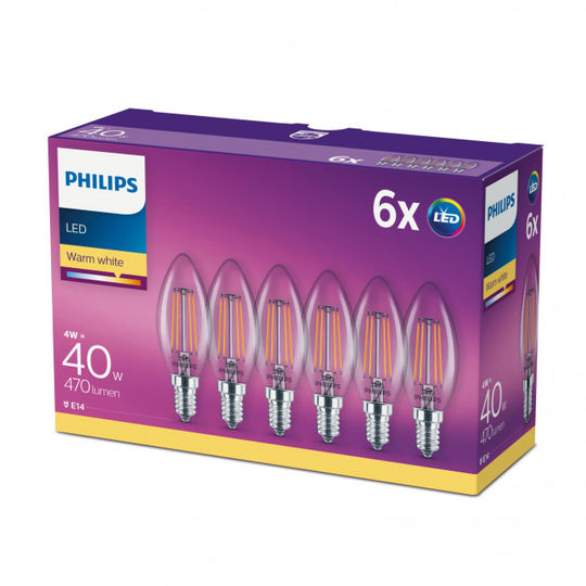 Philips LEDClassic Kerte Filament 40W E14 varm hvid klar ikke dæmpbar 6-stk - 8718696775035