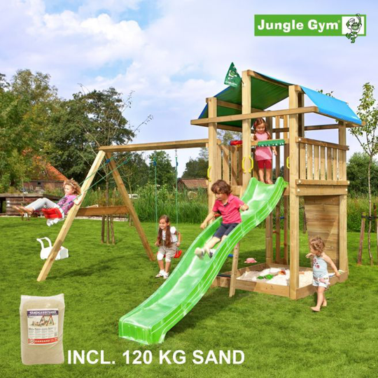 Jungle Gym Fort legetårn komplet inkl. swing module xtra, 120 kg sand og grøn rutschebane - 804-275SXSG
