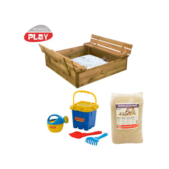 Nordic Play Sandkasse med bænk og låg 120 x 120 cm trykimp. inkl. 240 kg sand og blåt strandsæt - 805-744