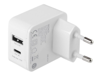 DELTACO USBC-AC134 - Strømforsyningsadapter - 17 Watt - 3 A - 2 output-stikforbindelser (USB, USB-C) - hvid