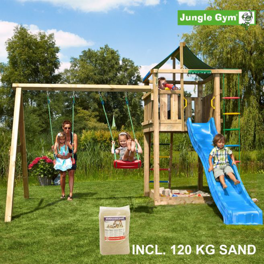 Jungle Gym Lodge legetårn komplet inkl. swing module xtra, 120 kg sand og blå rutschebane - 804-274SXSB