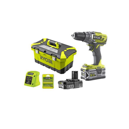 Ryobi Bore/skruemaskine R18DD3-252T Inkl. Ekstra Batteri 5,0 - Værtøjskasse - Bitssæt