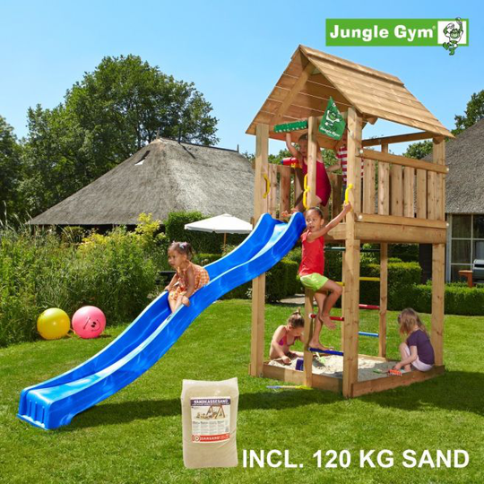 Jungle Gym Cabin legetårn komplet, inkl. 120 kg sand og blå rutschebane - 804-283SAB