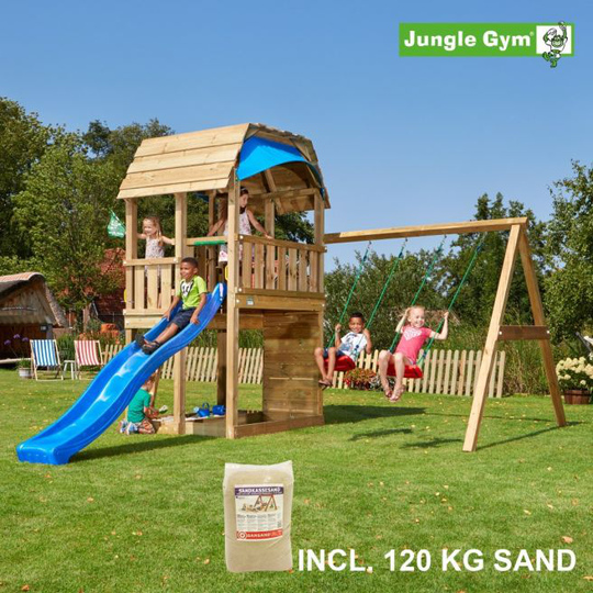 Jungle Gym Barn legetårn komplet inkl. swing module xtra, 120 kg sand og blå rutschebane - 804-287SXSB