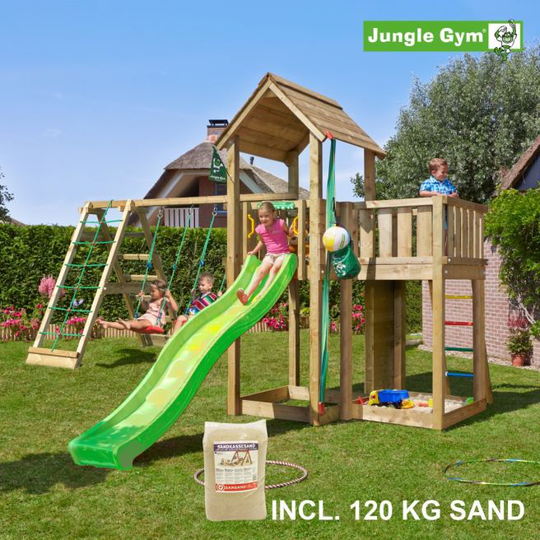 Jungle Gym Mansion legetårn komplet inkl. climb module xtra, 120 kg sand og grøn rutschebane - 804-267CXSG