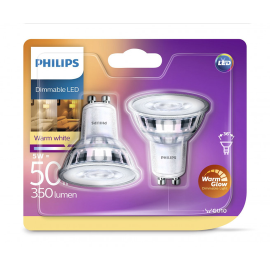 Philips LEDClassic 50W spot glas GU10 varm hvid WarmGlow 2 stk - 8718696721698