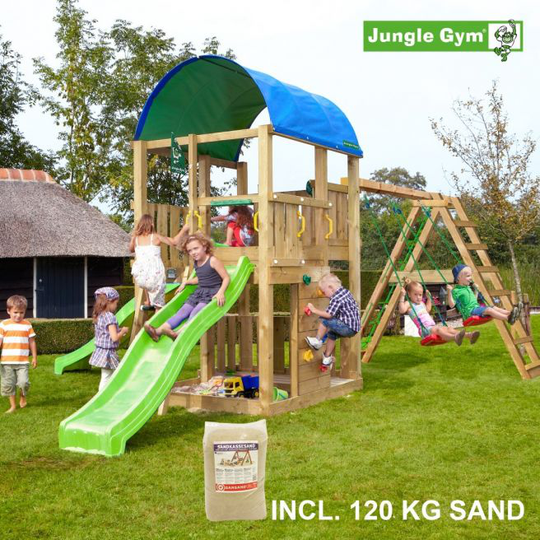 Jungle Gym Farm legetårn komplet inkl. climb module xtra, 120 kg sand og grøn rutschebane - 804-272CXSG