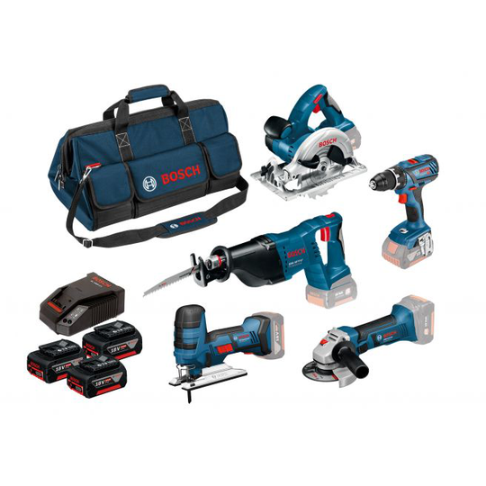 Bosch Professional-sæt: GSR 18V-28 + GWS 18-125 V-LI + GSA 18 V-LI + GKS 18V-LI + GST 18V-LIS + 3 x 18V 4.0Ah + GAL 1860CV + vær