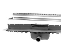 Purus Line afløbsrende - 900x100 mm - komplet sampak med Ø50 mm afløbsskål med vandret udløb & vandlås samt ramme/rist