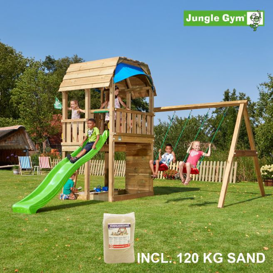 Jungle Gym Barn legetårn komplet inkl. swing module xtra, 120 kg sand og grøn rutschebane - 804-287SXSG