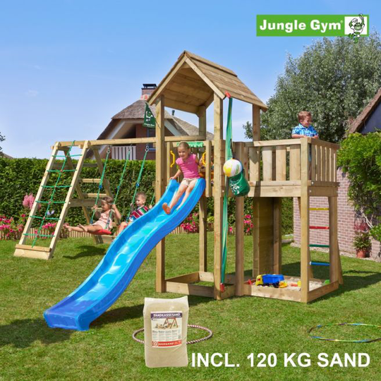 Jungle Gym Mansion legetårn komplet inkl. climb module xtra, 120 kg sand og blå rutschebane - 804-267CXSB