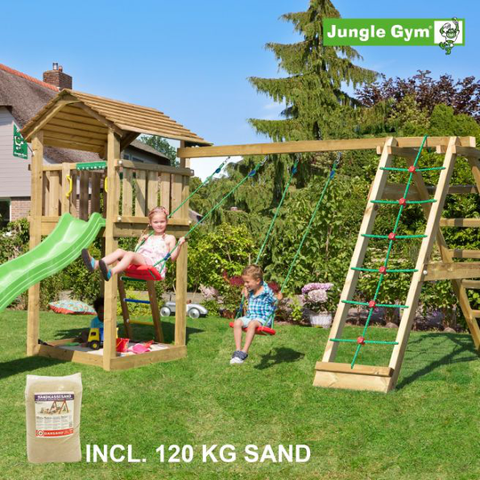Jungle Gym Cottage legetårn komplet inkl. climb module xtra, 120 kg sand og grøn rutschebane - 804-270CXSG