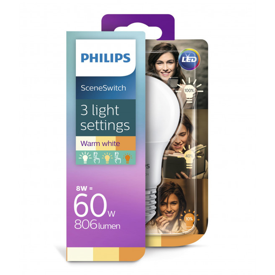 Philips LED 60W SceneSwitch standard varm hvid mat 3 skift E27 1 stk - 8718696588840