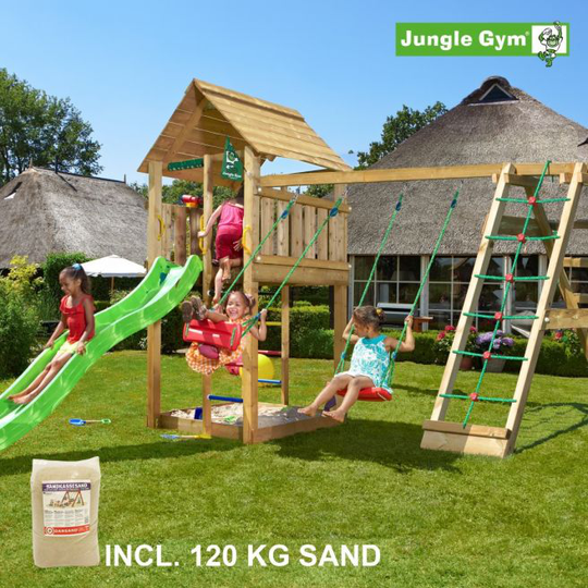 Jungle Gym Cabin legetårn komplet inkl. climb module xtra, 120 kg sand og grøn rutschebane - 804-283CXSG