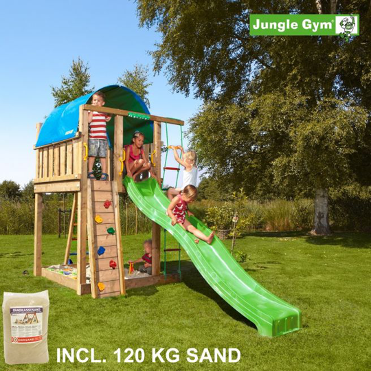 Jungle Gym Villa legetårn komplet, inkl. 120 kg sand og grøn rutschebane - 804-285SG