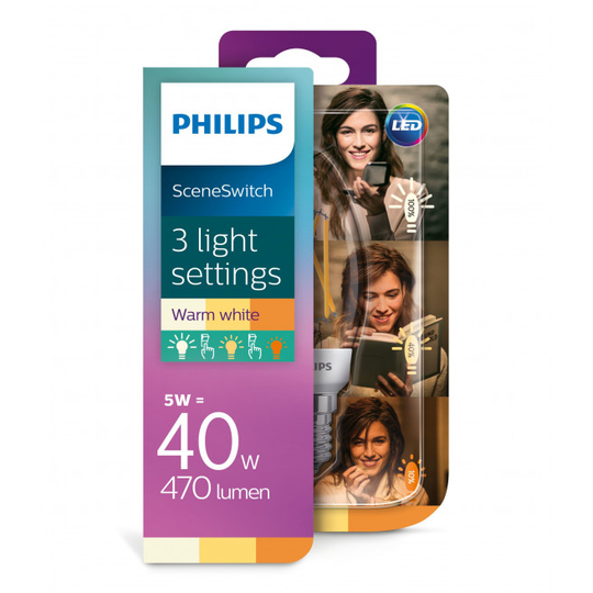 Philips LEDClassic 40W sceneswitch kerte varm hvid klar 3 skift lille sokkel 1 stk - 8718696809754