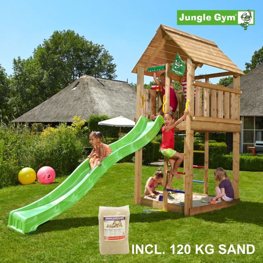 Jungle Gym Cabin legetårn komplet, inkl. 120 kg sand og grøn rutschebane - 804-283SG