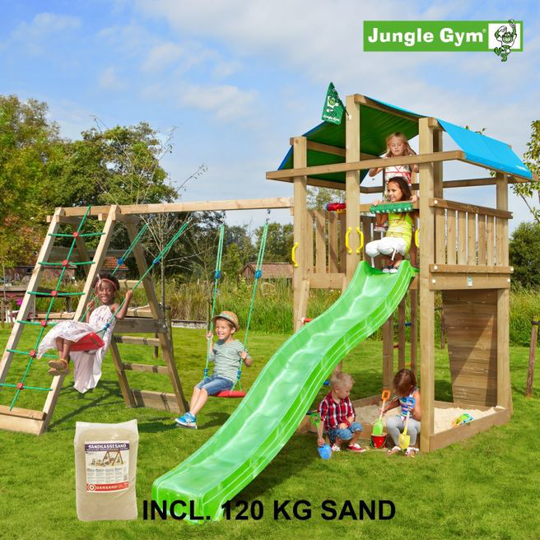 Jungle Gym Fort legetårn komplet inkl. climb module xtra, 120 kg sand og grøn rutschebane - 804-275CXSG