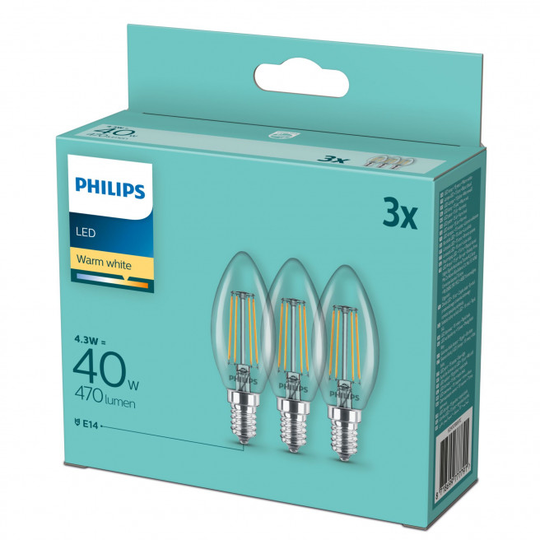 Philips LED classic 40W Kerte E14 Varm hvid klar 3-discount stkke - 8718699777791