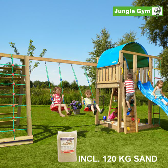 Jungle Gym Villa legetårn komplet inkl. climb module xtra, 120 kg sand og blå rutschebane - 804-285CXSB